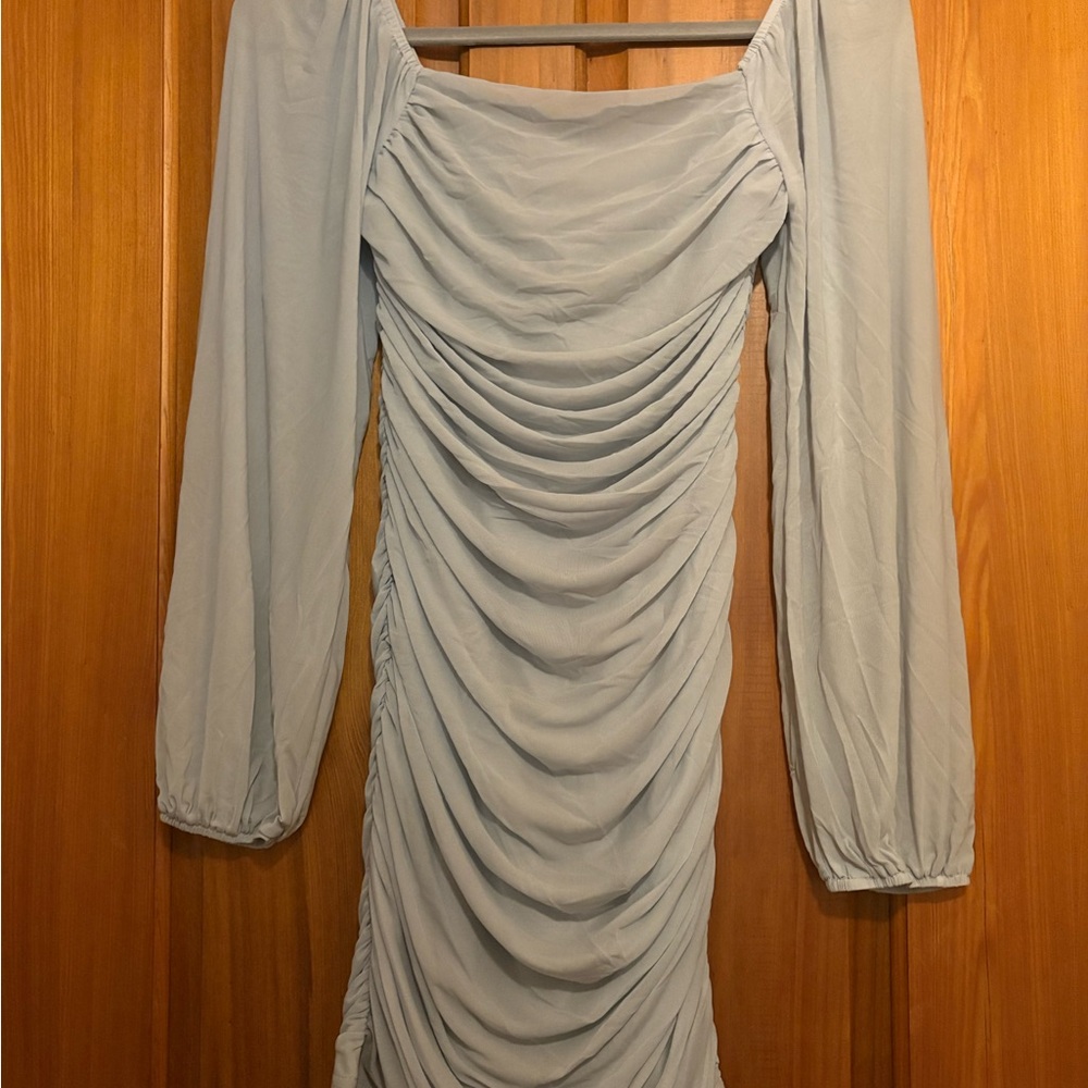 Ruched Long-Sleeve Light Blue Women's Dress